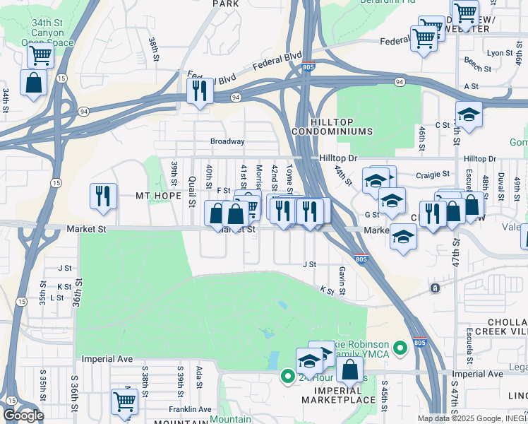 map of restaurants, bars, coffee shops, grocery stores, and more near 441-43 Morrison Street in San Diego