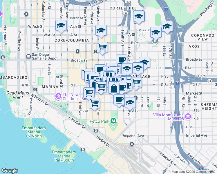 map of restaurants, bars, coffee shops, grocery stores, and more near 677 Seventh Avenue in San Diego