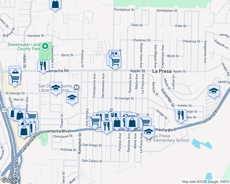 map of restaurants, bars, coffee shops, grocery stores, and more near 811 Grand Avenue in Spring Valley