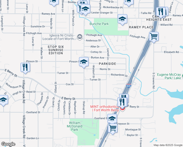 map of restaurants, bars, coffee shops, grocery stores, and more near 3409 Stalcup Road in Fort Worth