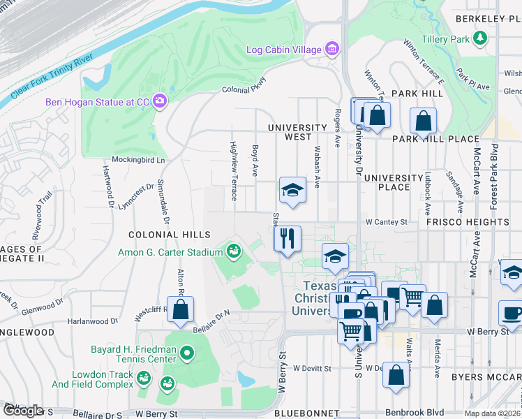 map of restaurants, bars, coffee shops, grocery stores, and more near 3417 West Cantey Street in Fort Worth