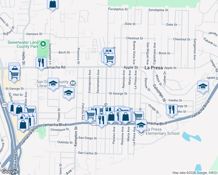 map of restaurants, bars, coffee shops, grocery stores, and more near 829 Grand Avenue in Spring Valley