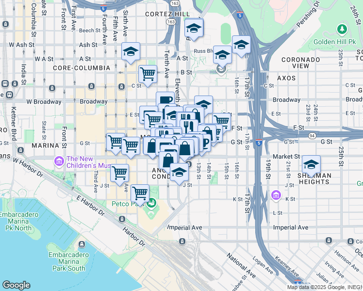 map of restaurants, bars, coffee shops, grocery stores, and more near 1102 Market Street in San Diego