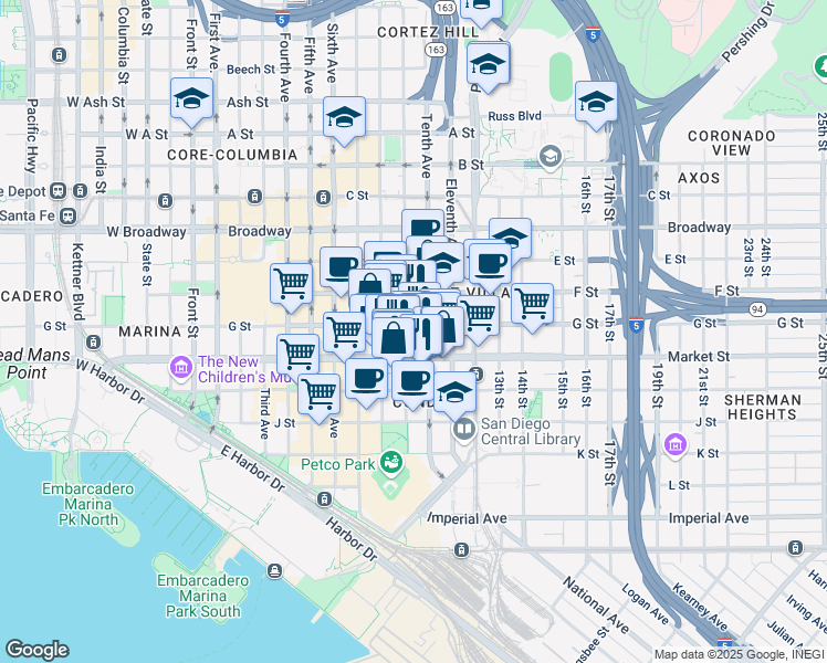 map of restaurants, bars, coffee shops, grocery stores, and more near in San Diego