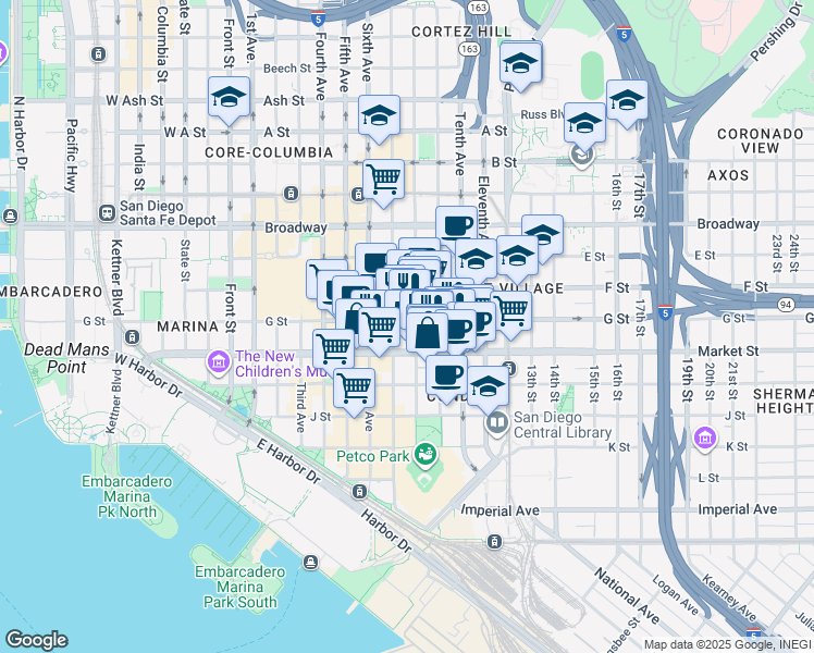 map of restaurants, bars, coffee shops, grocery stores, and more near 632 Eighth Avenue in San Diego