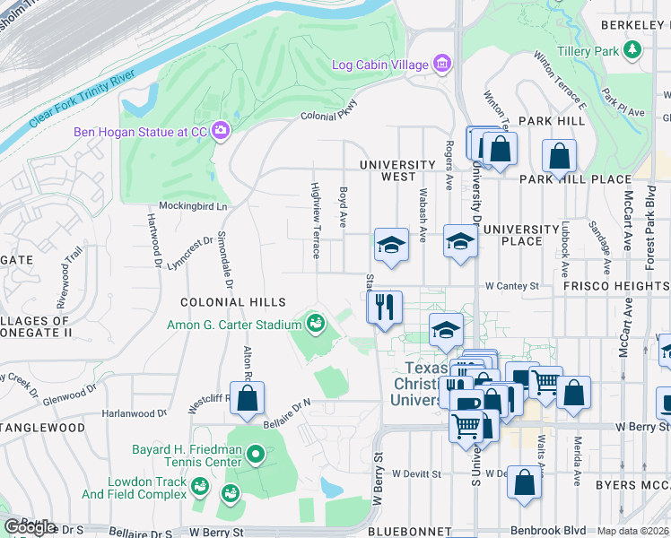 map of restaurants, bars, coffee shops, grocery stores, and more near 3417 West Cantey Street in Fort Worth