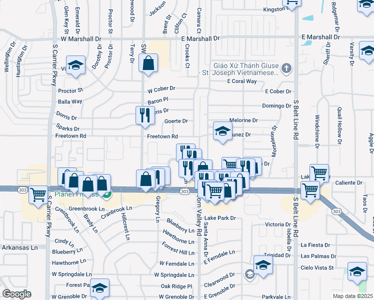 map of restaurants, bars, coffee shops, grocery stores, and more near 2305 Corn Valley Road in Grand Prairie
