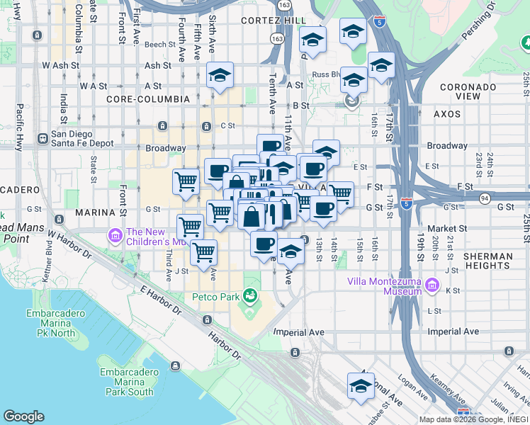 map of restaurants, bars, coffee shops, grocery stores, and more near 675 Ninth Avenue in San Diego