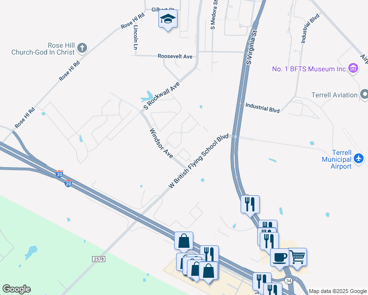 map of restaurants, bars, coffee shops, grocery stores, and more near 260 Farm to Market Road 2578 in Terrell