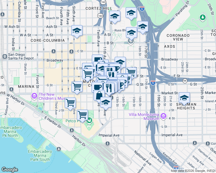 map of restaurants, bars, coffee shops, grocery stores, and more near in San Diego