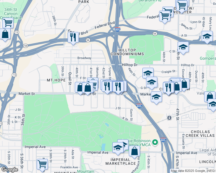 map of restaurants, bars, coffee shops, grocery stores, and more near 621 Toyne Street in San Diego