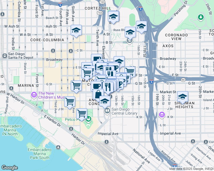 map of restaurants, bars, coffee shops, grocery stores, and more near 1102 Market Street in San Diego