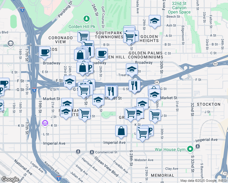 map of restaurants, bars, coffee shops, grocery stores, and more near 606 27th Street in San Diego