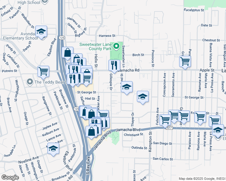 map of restaurants, bars, coffee shops, grocery stores, and more near 984 Gillespie Drive in Spring Valley