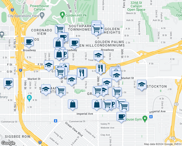 map of restaurants, bars, coffee shops, grocery stores, and more near 2736 Market Street in San Diego