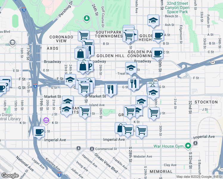 map of restaurants, bars, coffee shops, grocery stores, and more near 2672 Market Street in San Diego