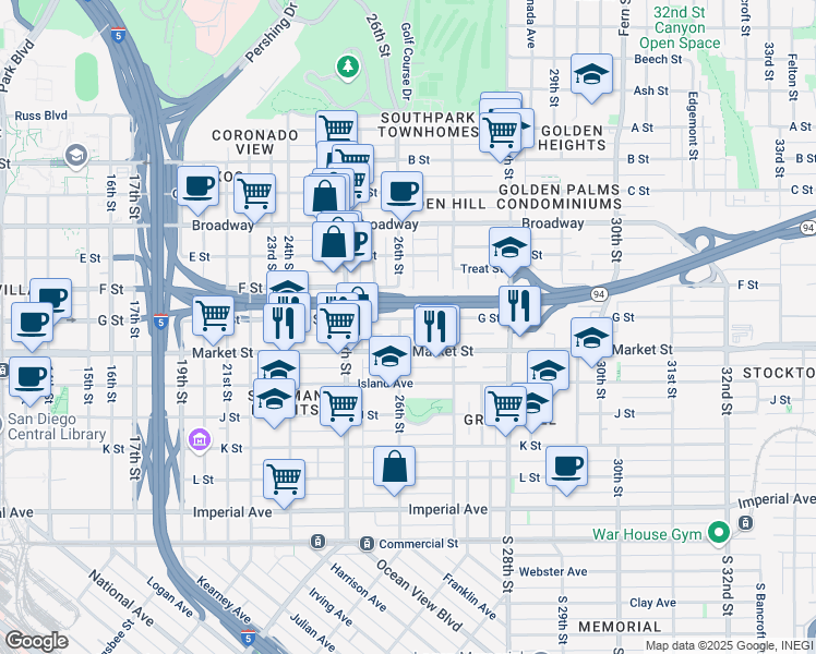 map of restaurants, bars, coffee shops, grocery stores, and more near in San Diego
