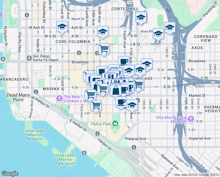 map of restaurants, bars, coffee shops, grocery stores, and more near 632 Eighth Avenue in San Diego