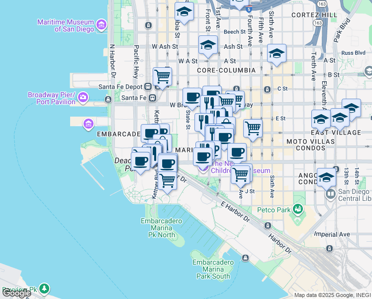 map of restaurants, bars, coffee shops, grocery stores, and more near 633 State Street in San Diego