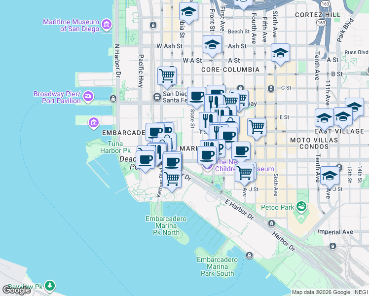 map of restaurants, bars, coffee shops, grocery stores, and more near 633 State Street in San Diego