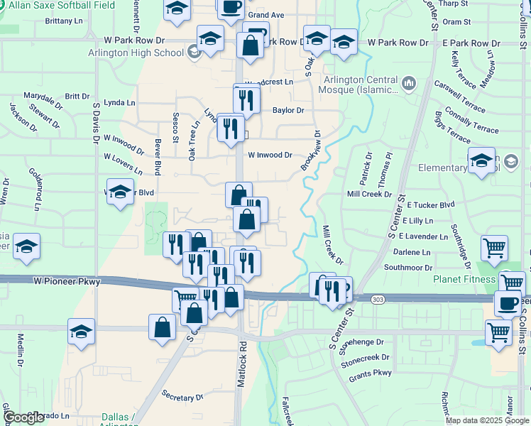 map of restaurants, bars, coffee shops, grocery stores, and more near 2005 South Cooper Street in Arlington
