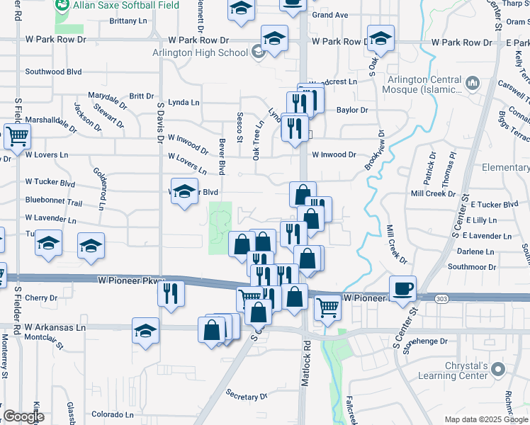 map of restaurants, bars, coffee shops, grocery stores, and more near 1000 Cooper Square Circle in Arlington
