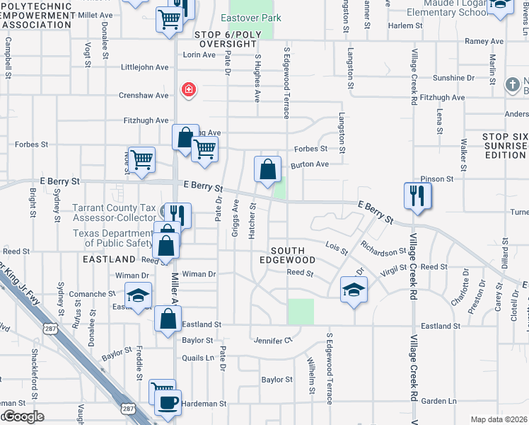 map of restaurants, bars, coffee shops, grocery stores, and more near 4500 Richardson Street in Fort Worth