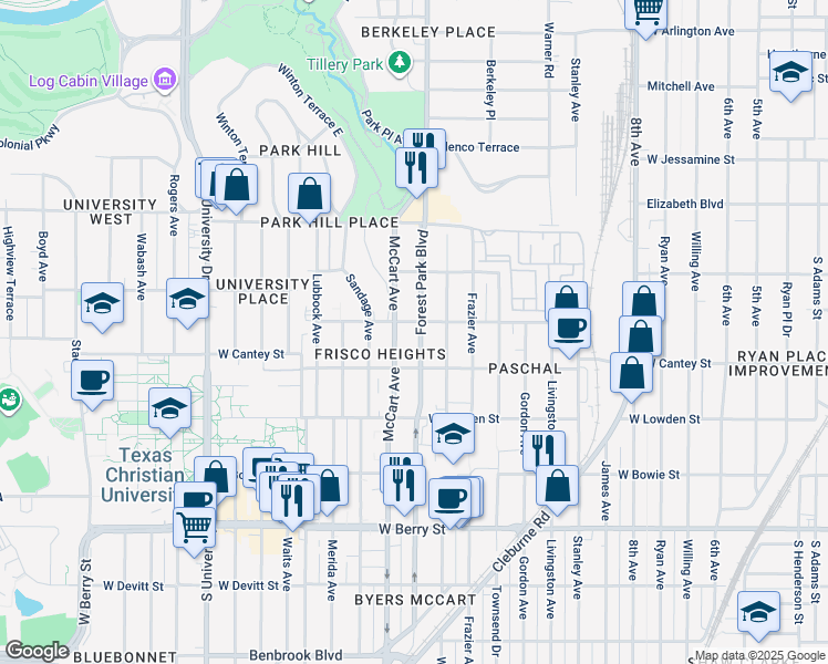 map of restaurants, bars, coffee shops, grocery stores, and more near 2723 Mc Cart Avenue in Fort Worth
