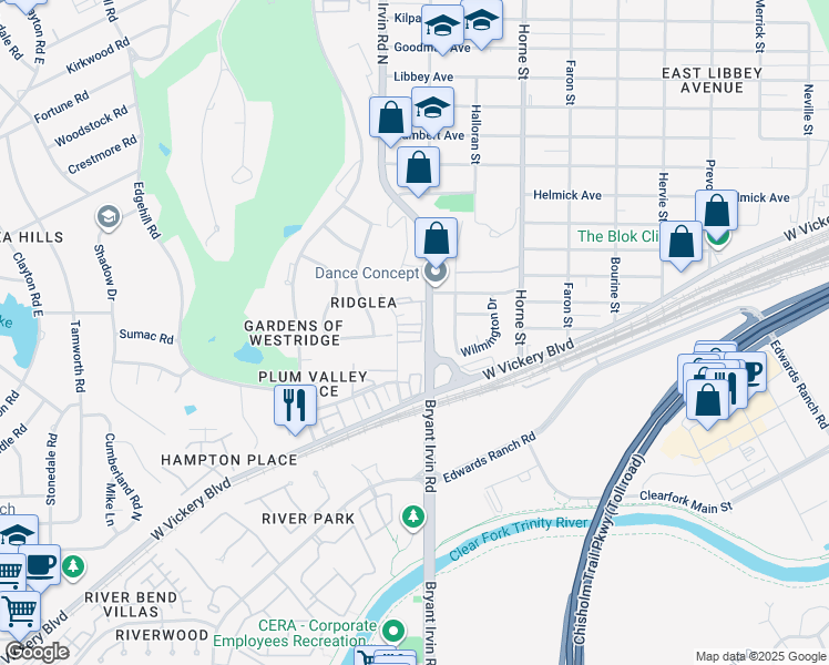 map of restaurants, bars, coffee shops, grocery stores, and more near 6005 Valley View Drive in Fort Worth