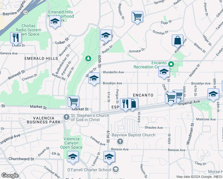 map of restaurants, bars, coffee shops, grocery stores, and more near 711 61st Street in San Diego