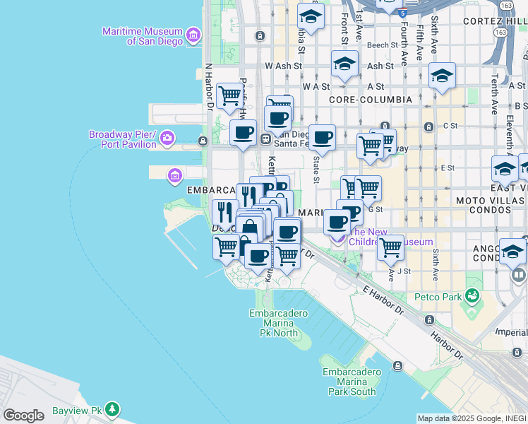 map of restaurants, bars, coffee shops, grocery stores, and more near 733 West G Street in San Diego