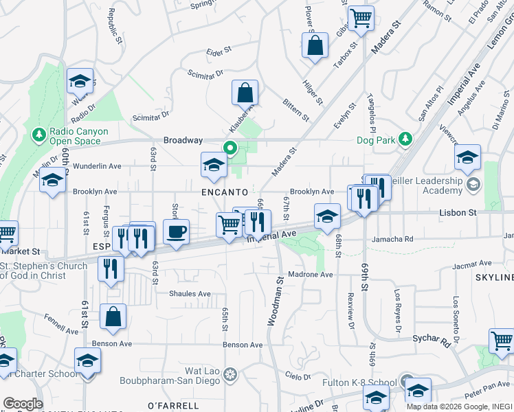 map of restaurants, bars, coffee shops, grocery stores, and more near 660 66th Street in San Diego