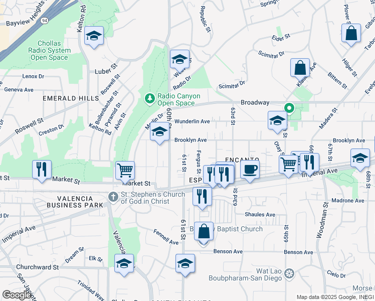map of restaurants, bars, coffee shops, grocery stores, and more near 711 61st Street in San Diego