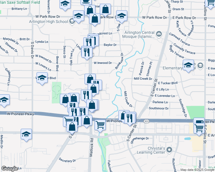 map of restaurants, bars, coffee shops, grocery stores, and more near 1931 South Cooper Street in Arlington
