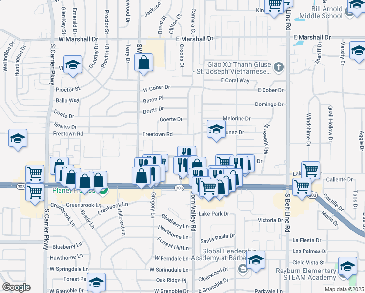 map of restaurants, bars, coffee shops, grocery stores, and more near 2305 Corn Valley Road in Grand Prairie