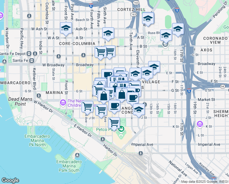 map of restaurants, bars, coffee shops, grocery stores, and more near 632 Eighth Avenue in San Diego