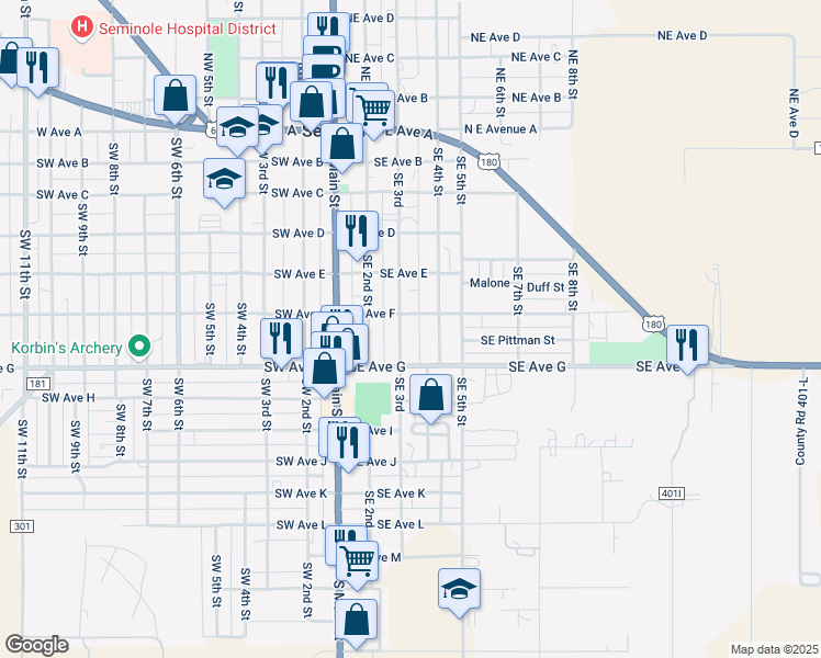 map of restaurants, bars, coffee shops, grocery stores, and more near 609 Southeast 3rd in Seminole