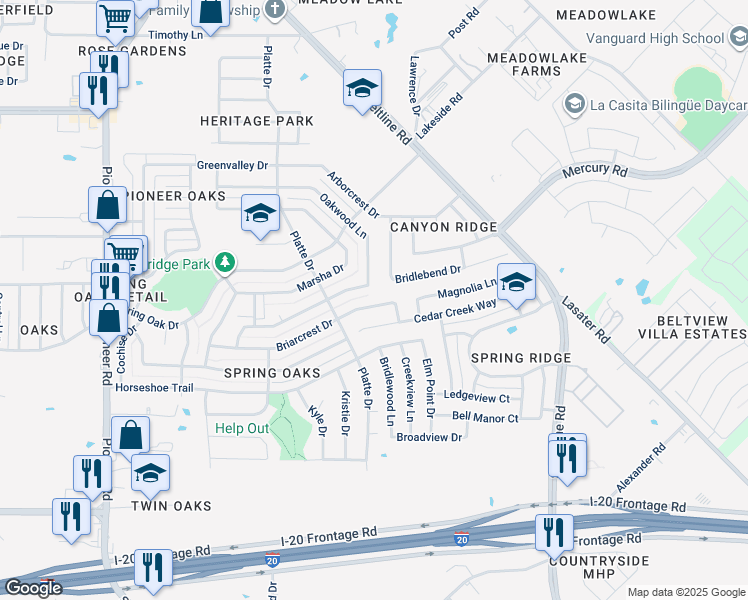 map of restaurants, bars, coffee shops, grocery stores, and more near 14624 Briarcrest Drive in Balch Springs