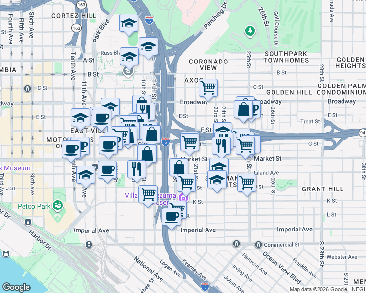 map of restaurants, bars, coffee shops, grocery stores, and more near 670 20th Street in San Diego