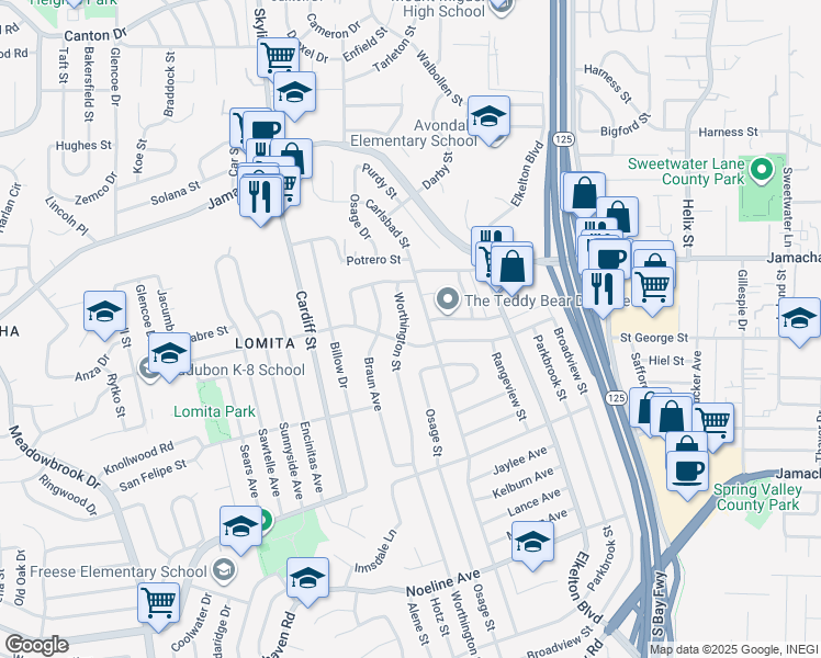 map of restaurants, bars, coffee shops, grocery stores, and more near 996 Worthington Street in San Diego