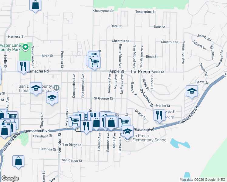 map of restaurants, bars, coffee shops, grocery stores, and more near 834 Maria Avenue in Spring Valley