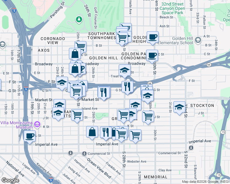 map of restaurants, bars, coffee shops, grocery stores, and more near 2736 Market Street in San Diego