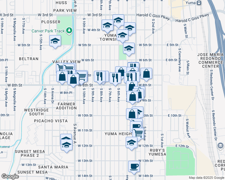 map of restaurants, bars, coffee shops, grocery stores, and more near 858 South 7th Avenue in Yuma