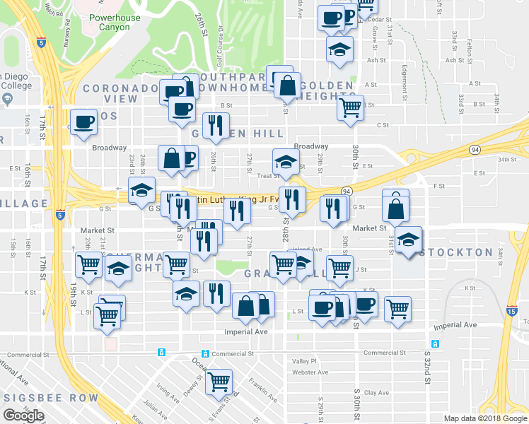 map of restaurants, bars, coffee shops, grocery stores, and more near 2736 Market Street in San Diego