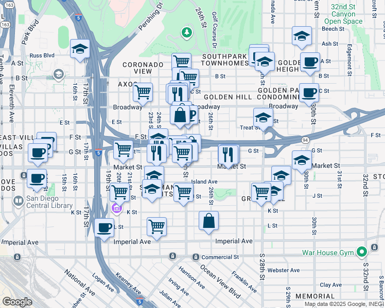 map of restaurants, bars, coffee shops, grocery stores, and more near 2528 Market Street in San Diego