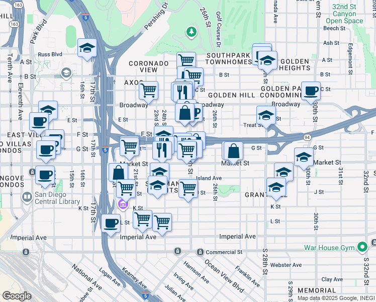 map of restaurants, bars, coffee shops, grocery stores, and more near 2464 Market Street in San Diego