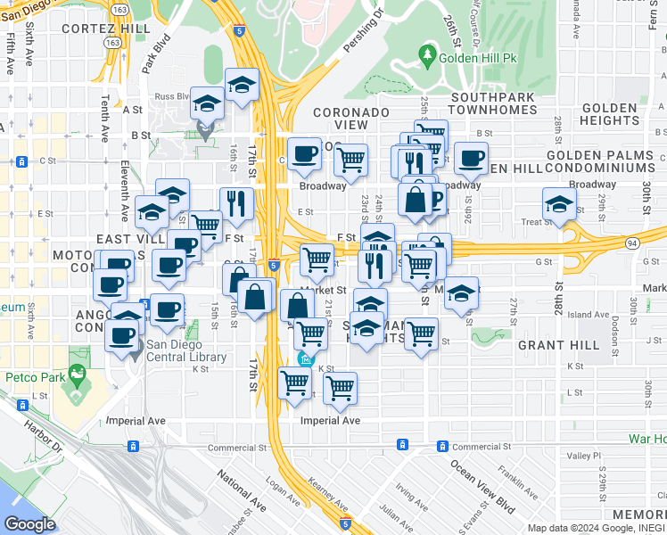 map of restaurants, bars, coffee shops, grocery stores, and more near 625 22nd Street in San Diego