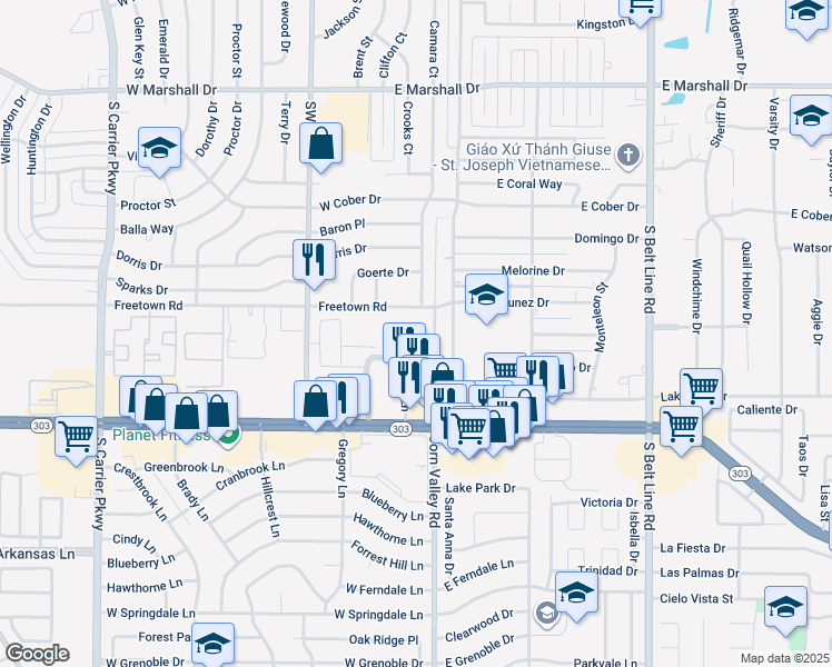 map of restaurants, bars, coffee shops, grocery stores, and more near 2305 Corn Valley Road in Grand Prairie
