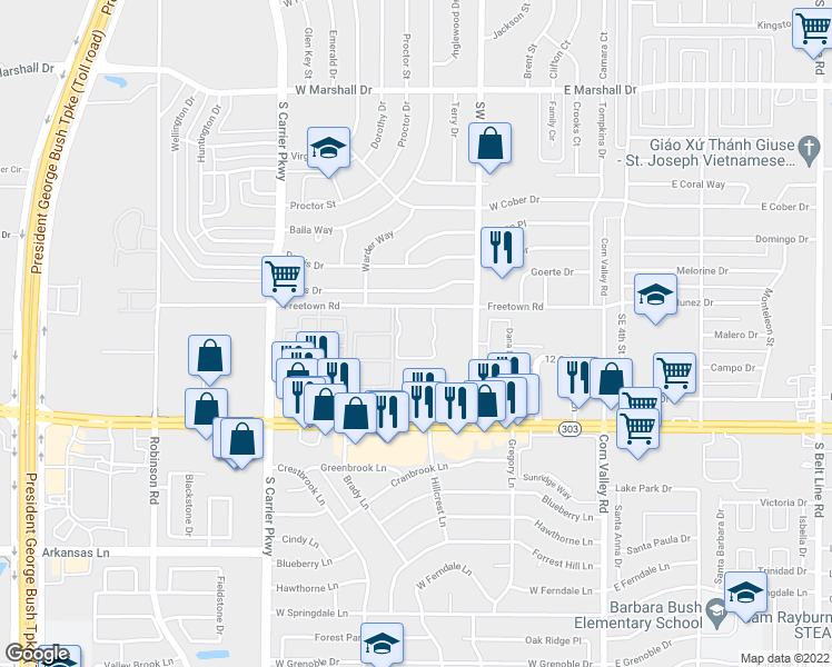 map of restaurants, bars, coffee shops, grocery stores, and more near 323 Freetown Road in Grand Prairie