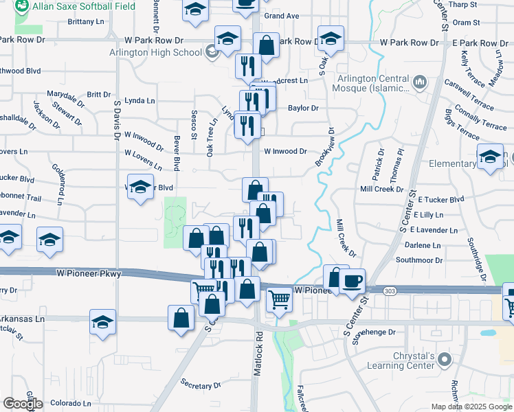 map of restaurants, bars, coffee shops, grocery stores, and more near 700 South Nedderman Drive in Arlington